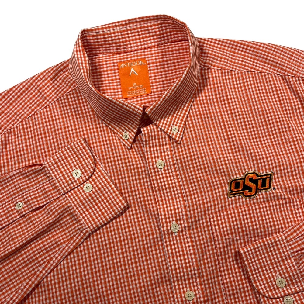 Antigua Oklahoma State University Shirt Mens XL Orange Gingham OSU Cowboys Logo